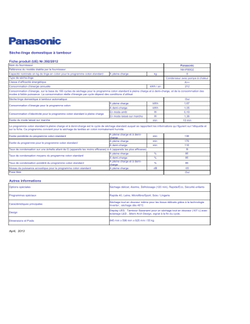 Product information | Panasonic NHP80G2 Manuel utilisateur | Fixfr