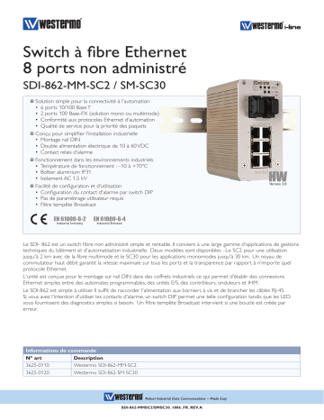SDI-862-MM-SC2 | Westermo SDI-862-SM-SC30 Unmanaged 8-port Ethernet Fibre Switch Fiche technique | Fixfr