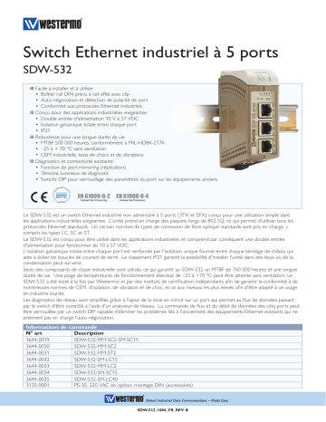 SDW-532-MM-SC2-SM-SC15 | SDW-532-SM-LC40 | SDW-532-SM-LC15 | SDW-532-MM-SC2 | SDW-532-MM-LC2 | SDW-532-MM-ST2 | Westermo SDW-532-SM-SC15 Industrial Ethernet 5-port Switch Fiche technique | Fixfr
