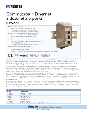 SDW-541-MM-SC2 | SDW-541-SM-LC40 | SDW-541-SM-LC15 | SDW-541-MM-LC2 | SDW-541-MM-ST2 | Westermo SDW-541-SM-SC15 Industrial Ethernet 5-port Switch Fiche technique | Fixfr