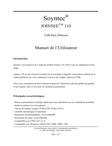 Soyntec SOY-WEBCAM-110 Fiche technique | Fixfr