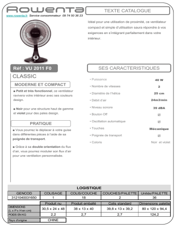 Rowenta VU2011F0 Fiche technique | Fixfr