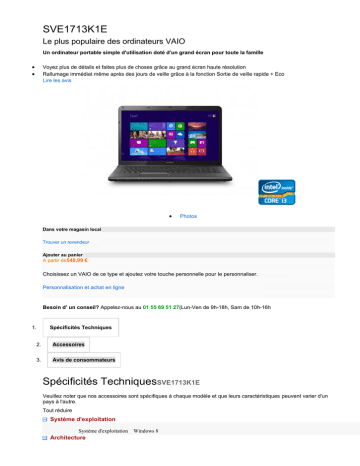 Sony SVE1713K1EB Fiche technique | Fixfr