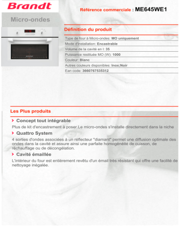 Brandt ME645WE1 Fiche technique | Fixfr