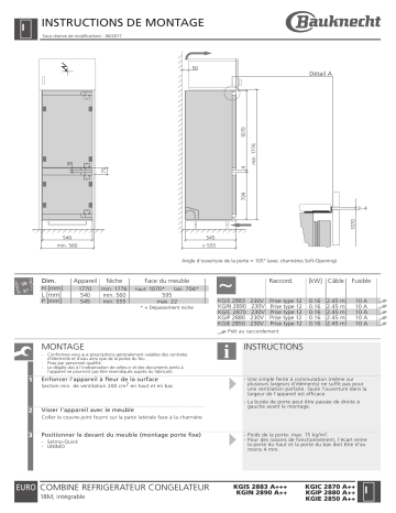 KGIS 2883 A+++ | KGIP 2880 A++ LH | KGIP 2880 A++ | KGIN 2890 A++ | KGIE 2850 A++ | Whirlpool KGIC 2870 A++ Guide d'installation | Fixfr