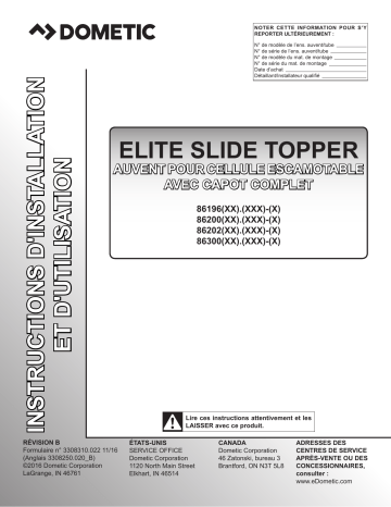 Guide d'installation | Dometic Elite Slide Topper 86196(XX).(XXX)-(X), 86200(XX).(XXX)-(X), 86202(XX).(XXX)-(X), 86300(XX).(XXX)-(X) Slide Out Room Awning Manuel utilisateur | Fixfr