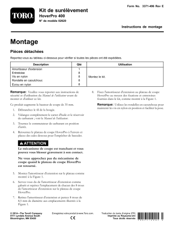 Guide d'installation | Toro High-Rise Kit, HoverPro 400 Machine Walk Behind Mower Manuel utilisateur | Fixfr