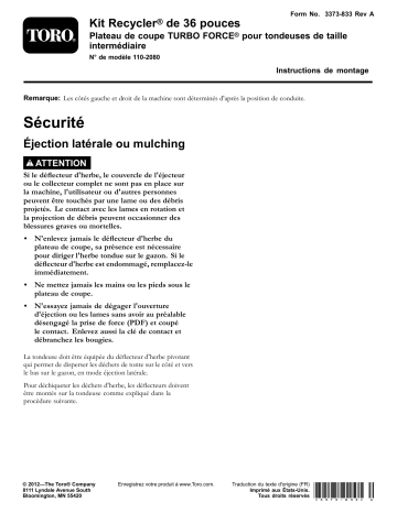 Guide d'installation | Toro 36in Recycler Kit, TURBO FORCE Cutting Unit for Mid-Size Mowers Attachment Manuel utilisateur | Fixfr