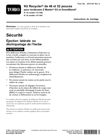 52in Recycler Kit, Z Master G3 and GrandStand Mower | Guide d'installation | Toro 48in Recycler Kit, Z Master G3 and GrandStand Mower Attachment Manuel utilisateur | Fixfr