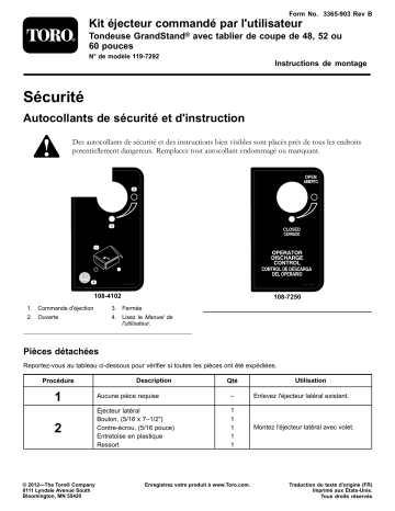 Guide d'installation | Toro Operator-Controlled Discharge Chute Kit, GrandStand Mower Attachment Manuel utilisateur | Fixfr