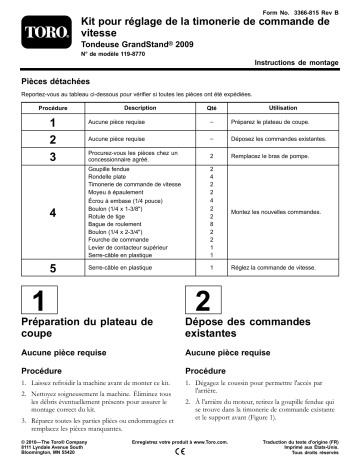 Guide d'installation | Toro Speed Control Linkage Kit, 2009 GrandStand Mower Walk Behind Mower Manuel utilisateur | Fixfr