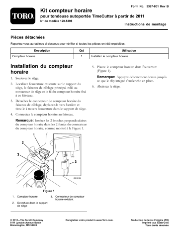 Guide d'installation | Toro Hourmeter Kit, 2011 and After TimeCutter Riding Mower Riding Product Manuel utilisateur | Fixfr