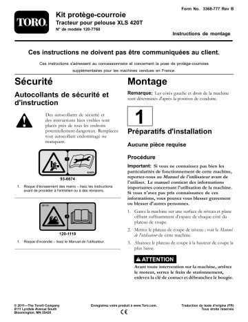 Guide d'installation | Toro Belt Guard Kit, XLS 420T Lawn Tractor Riding Product Manuel utilisateur | Fixfr