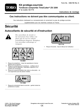 Guide d'installation | Toro Belt Guard Kit, TimeCutter ZS 3200 Riding Mower Riding Product Manuel utilisateur | Fixfr