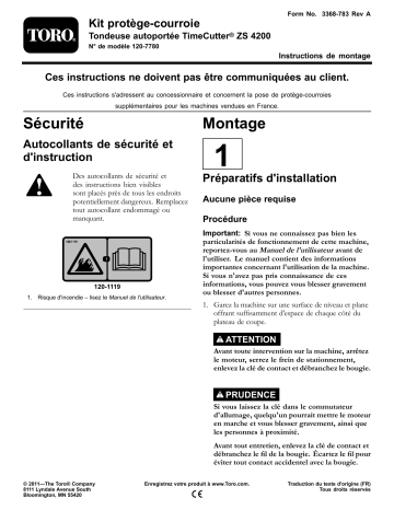 Guide d'installation | Toro Belt Guard Kit, TimeCutter ZS 4200 Riding Mower Riding Product Manuel utilisateur | Fixfr