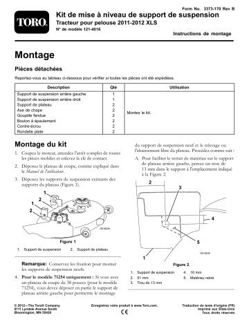 Guide d'installation | Toro Hanger Bracket Upgrade Kit, 2011-2012 XLS Lawn Tractor Riding Product Manuel utilisateur | Fixfr
