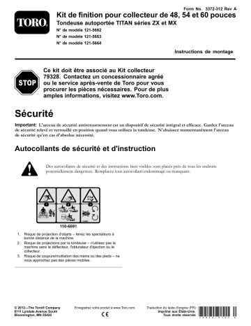 54-inch Bagger Finishing Kit, TITAN ZX/MX Series Riding Mower | Guide d'installation | Toro 60-inch Bagger Finishing Kit, TITAN ZX/MX Series Riding Mower Attachment Manuel utilisateur | Fixfr