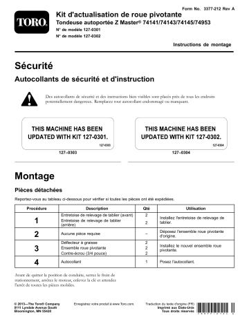 Guide d'installation | Toro Caster Wheel Update Kit, 74141 Z Master Riding Mower Attachment Manuel utilisateur | Fixfr