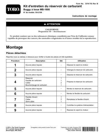 Guide d'installation | Toro Fuel Tank Service Kit, MB-1600 Mud Buggy Concrete Equipment Manuel utilisateur | Fixfr