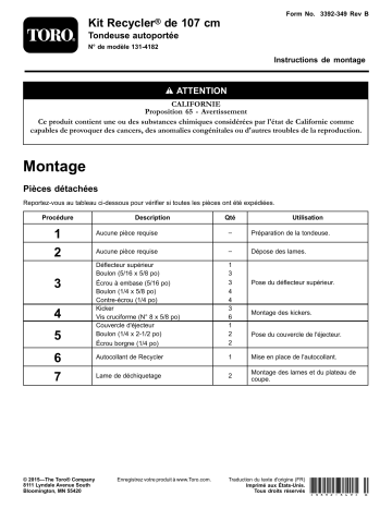 Guide d'installation | Toro 42in Recycler Kit, Riding Mower Riding Product Manuel utilisateur | Fixfr