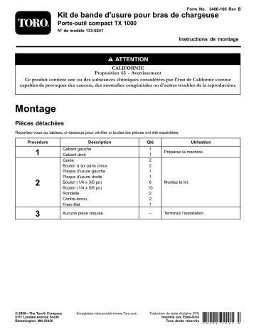 Guide d'installation | Toro Loader Arm Wear Strip Kit, TX 1000 Compact Tool Carrier Compact Utility Loader Manuel utilisateur | Fixfr