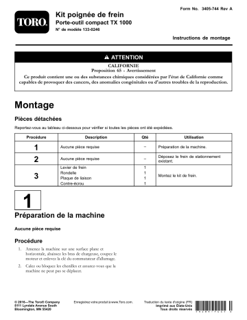 Guide d'installation | Toro Brake Handle Kit, TX 1000 Compact Tool Carrier Compact Utility Loader Manuel utilisateur | Fixfr