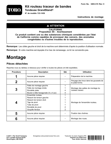 Guide d'installation | Toro Roller Striper Kit, GrandStand Mower Riding Product Manuel utilisateur | Fixfr