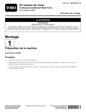 Guide d'installation | Toro Wheel Weight Kit, GrandStand Multi Force Mower Riding Product Manuel utilisateur | Fixfr