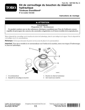 Guide d'installation | Toro Hydraulic Cap Lock Kit, GrandStand Mower Riding Product Manuel utilisateur | Fixfr