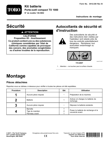 Guide d'installation | Toro Battery Kit, TX 1000 Compact Tool Carrier Compact Utility Loader Manuel utilisateur | Fixfr