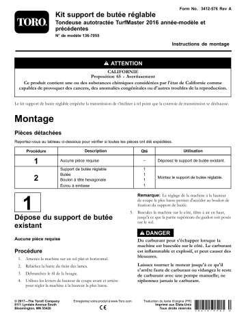 Guide d'installation | Toro Adjustable Stop Bracket Kit, 2016 and Before TurfMaster Walk-Behind Lawn Mower Walk Behind Mower Manuel utilisateur | Fixfr