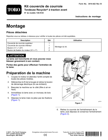 Guide d'installation | Toro Belt Cover Kit, FWD Recycler Lawn Mower Walk Behind Mower Manuel utilisateur | Fixfr