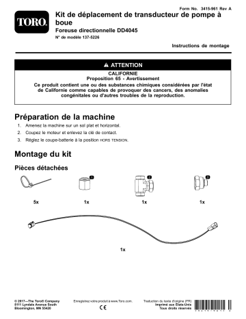Guide d'installation | Toro Mud Pump Transducer Relocation Kit, 4045 Directional Drill Utility Equipment Manuel utilisateur | Fixfr