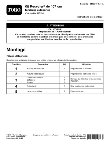 Guide d'installation | Toro 42in Recycler Kit, Riding Mower Riding Product Manuel utilisateur | Fixfr