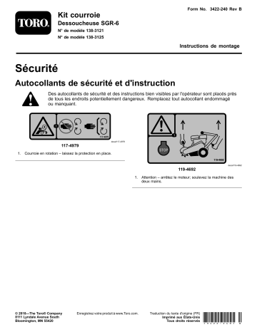 Guide d'installation | Toro Belt Kit, SGR-6 Stump Grinder Tree Care Product Manuel utilisateur | Fixfr