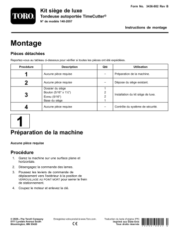 Guide d'installation | Toro Deluxe Seat Kit, TimeCutter Riding Mower Riding Product Manuel utilisateur | Fixfr