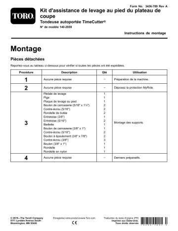 Guide d'installation | Toro Deck Footlift Assist Kit, TimeCutter Riding Mower Riding Product Manuel utilisateur | Fixfr