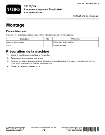 Guide d'installation | Toro Floormat Kit, TimeCutter Riding Mower Riding Product Manuel utilisateur | Fixfr