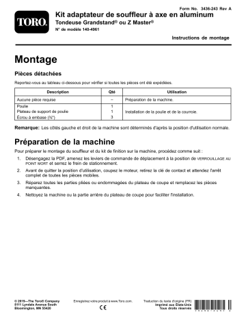 Guide d'installation | Toro Aluminum Spindle Blower Adapter Kit, Grandstand or Z Master Mower Misc Manuel utilisateur | Fixfr