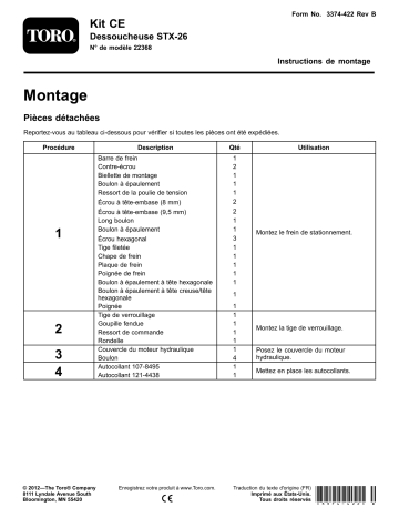 Guide d'installation | Toro CE Kit, STX-26 Stump Grinder Tree Care Product Manuel utilisateur | Fixfr