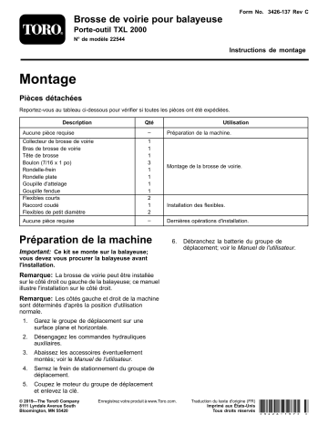 Guide d'installation | Toro Pick-Up Broom Gutter Brush, TXL 2000 Tool Carrier Compact Utility Loaders, Attachment Manuel utilisateur | Fixfr