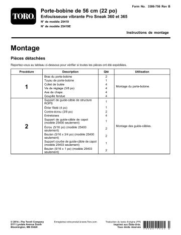 Guide d'installation | Toro 22in Reel Carrier, Pro Sneak 360 and 365 Vibratory Plow Utility Equipment Manuel utilisateur | Fixfr