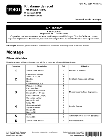 Guide d'installation | Toro Back-Up Alarm Kit, RT600 Trencher Manuel utilisateur | Fixfr
