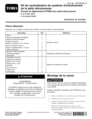 Guide d'installation | Toro Backhoe Drive Release Kit, RT600 Traction Unit Trencher Manuel utilisateur | Fixfr