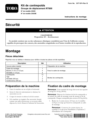 Guide d'installation | Toro Counterweight Kit, RT600 Traction Unit Trencher Manuel utilisateur | Fixfr