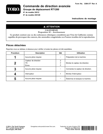 Guide d'installation | Toro Advanced Steering Control, RT1200 Traction Unit Trencher Manuel utilisateur | Fixfr