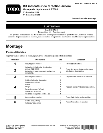 Guide d'installation | Toro Rear Steering Indicator Kit, RT600 Traction Unit Trencher Manuel utilisateur | Fixfr