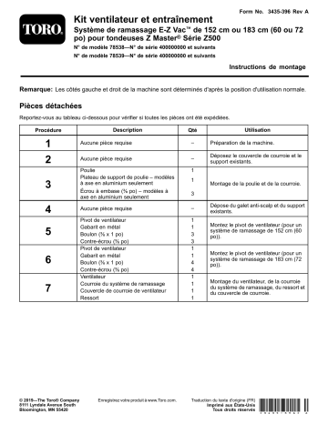 Blower and Drive Kit, 72in E-Z Vac Bagger for Z500 Series Z Master Mowers | Guide d'installation | Toro Blower and Drive Kit, 60in E-Z Vac Bagger for Z500 Series Z Master Mowers Attachment Manuel utilisateur | Fixfr