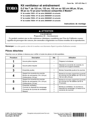 Blower and Drive Kit, 60in E-Z Vac for Z Master Mower | Blower and Drive Kit, 72in E-Z Vac for Z Master Mower | Blower and Drive Kit, 52in E-Z Vac for Z Master Mower | Guide d'installation | Toro Blower and Drive Kit, 48in E-Z Vac for Z Master Mower Attachment Manuel utilisateur | Fixfr
