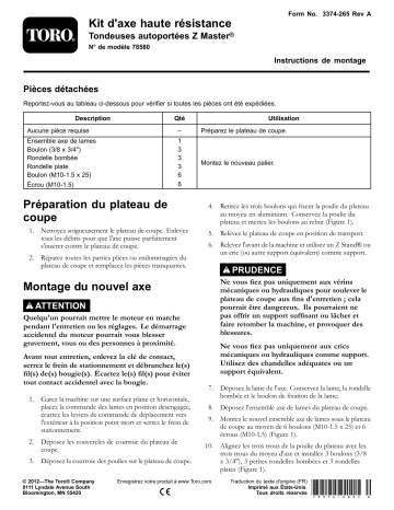 Guide d'installation | Toro Heavy-Duty Spindle Kit, Z Master Riding Mowers Attachment Manuel utilisateur | Fixfr